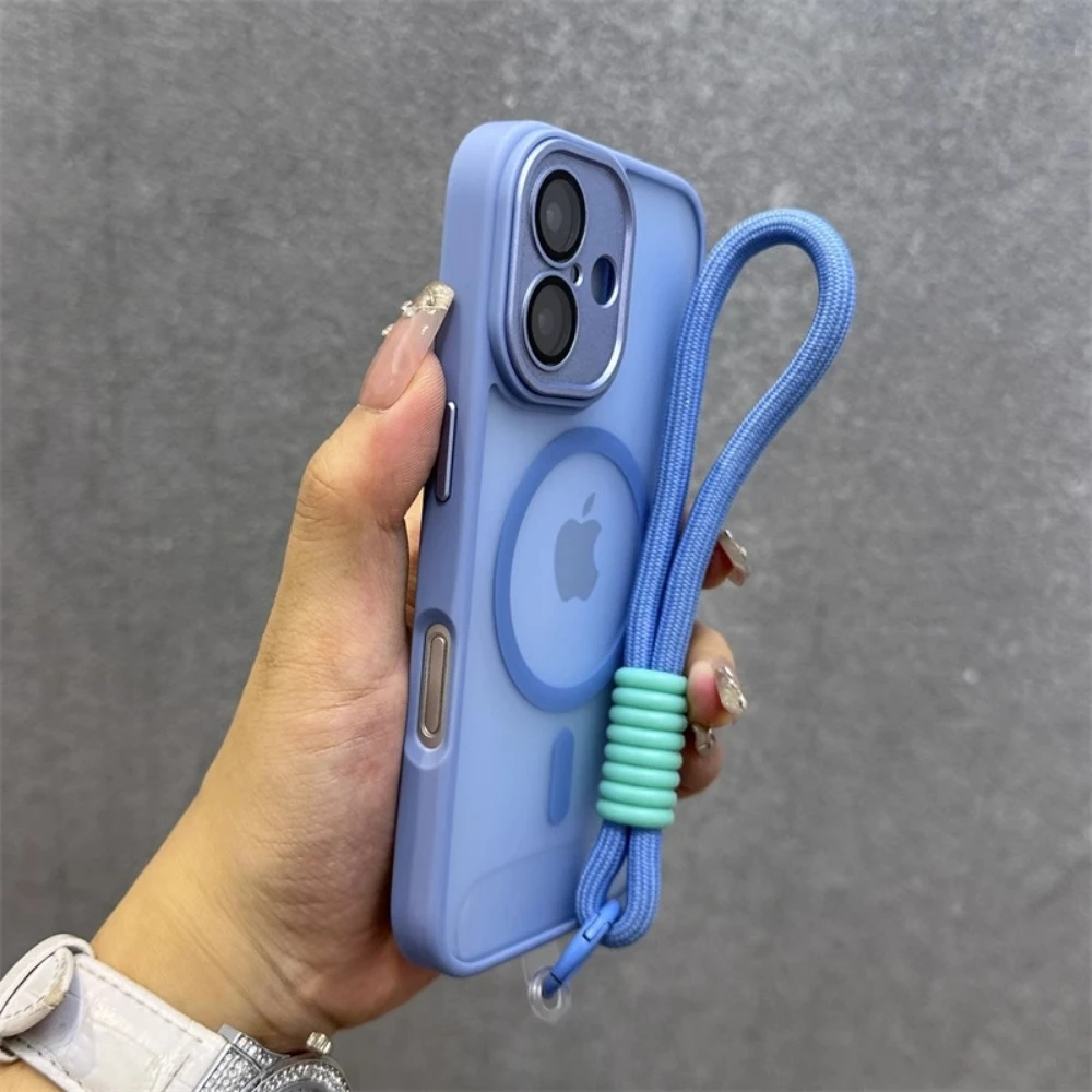 For Magsafe Translucency Contrast Lanyard Case For iPhone 16 15 Pro Max 14 Plus 11 12 13 16e Hand Wrist Strap Matte Clear Cover