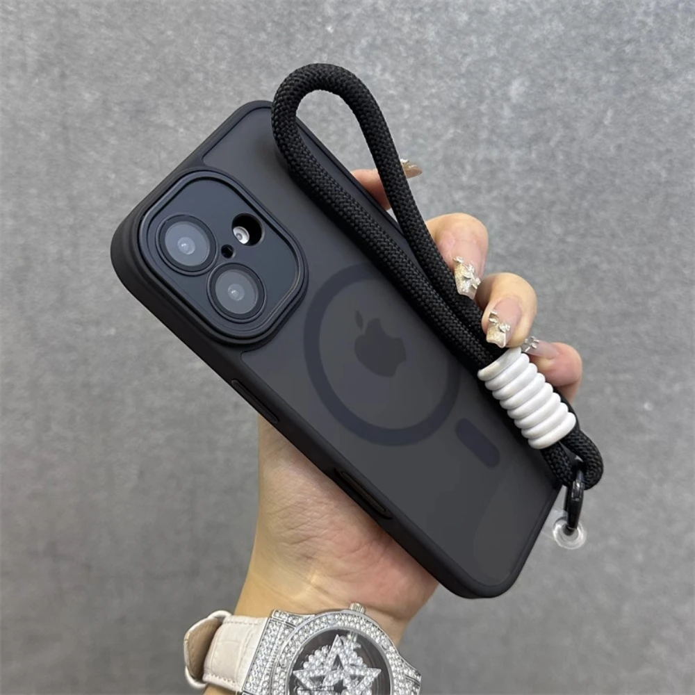 For Magsafe Translucency Contrast Lanyard Case For iPhone 16 15 Pro Max 14 Plus 11 12 13 16e Hand Wrist Strap Matte Clear Cover
