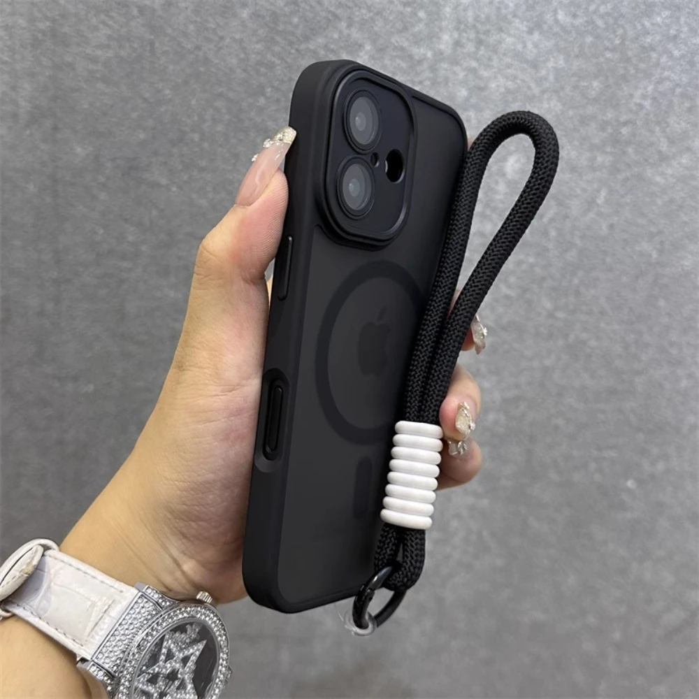 For Magsafe Translucency Contrast Lanyard Case For iPhone 16 15 Pro Max 14 Plus 11 12 13 16e Hand Wrist Strap Matte Clear Cover