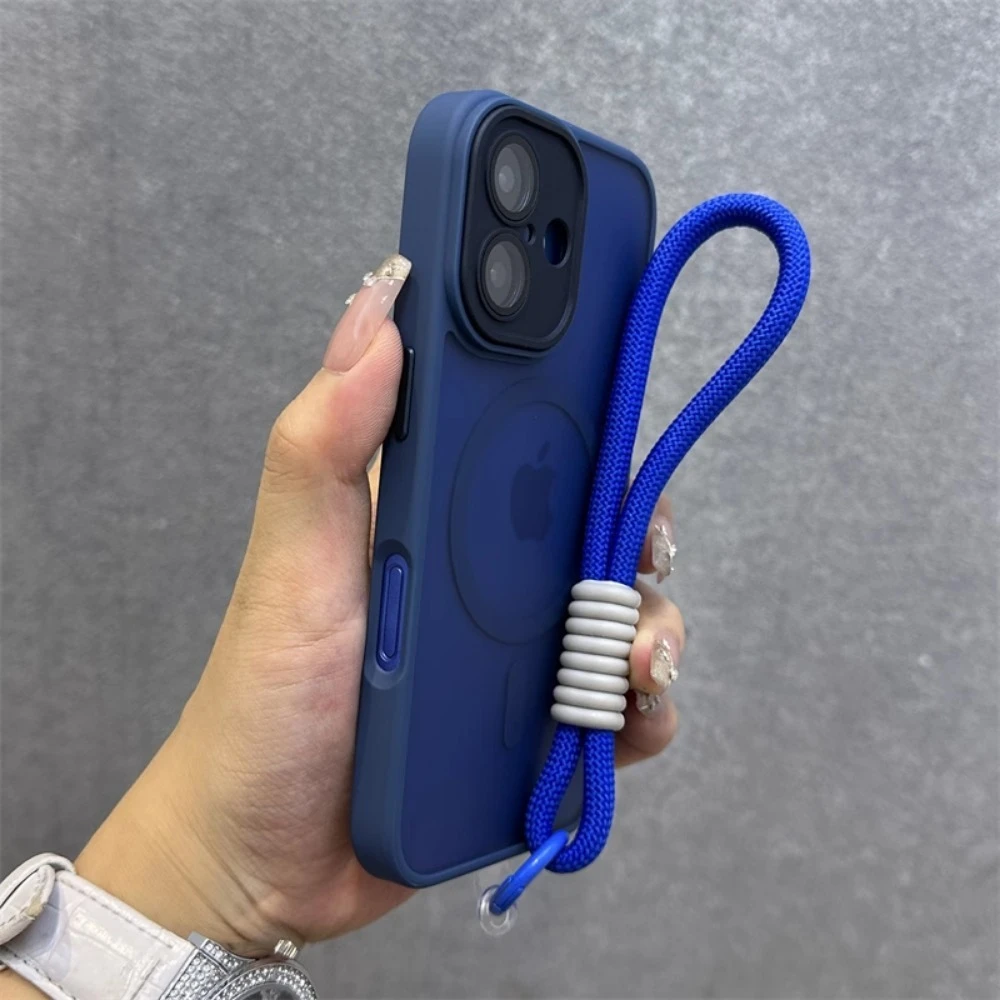 For Magsafe Translucency Contrast Lanyard Case For iPhone 16 15 Pro Max 14 Plus 11 12 13 16e Hand Wrist Strap Matte Clear Cover