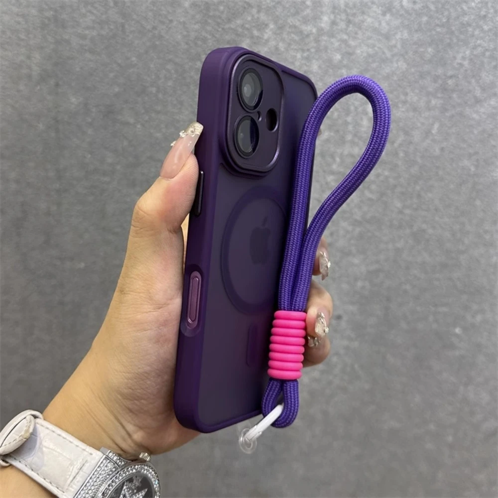 For Magsafe Translucency Contrast Lanyard Case For iPhone 16 15 Pro Max 14 Plus 11 12 13 16e Hand Wrist Strap Matte Clear Cover