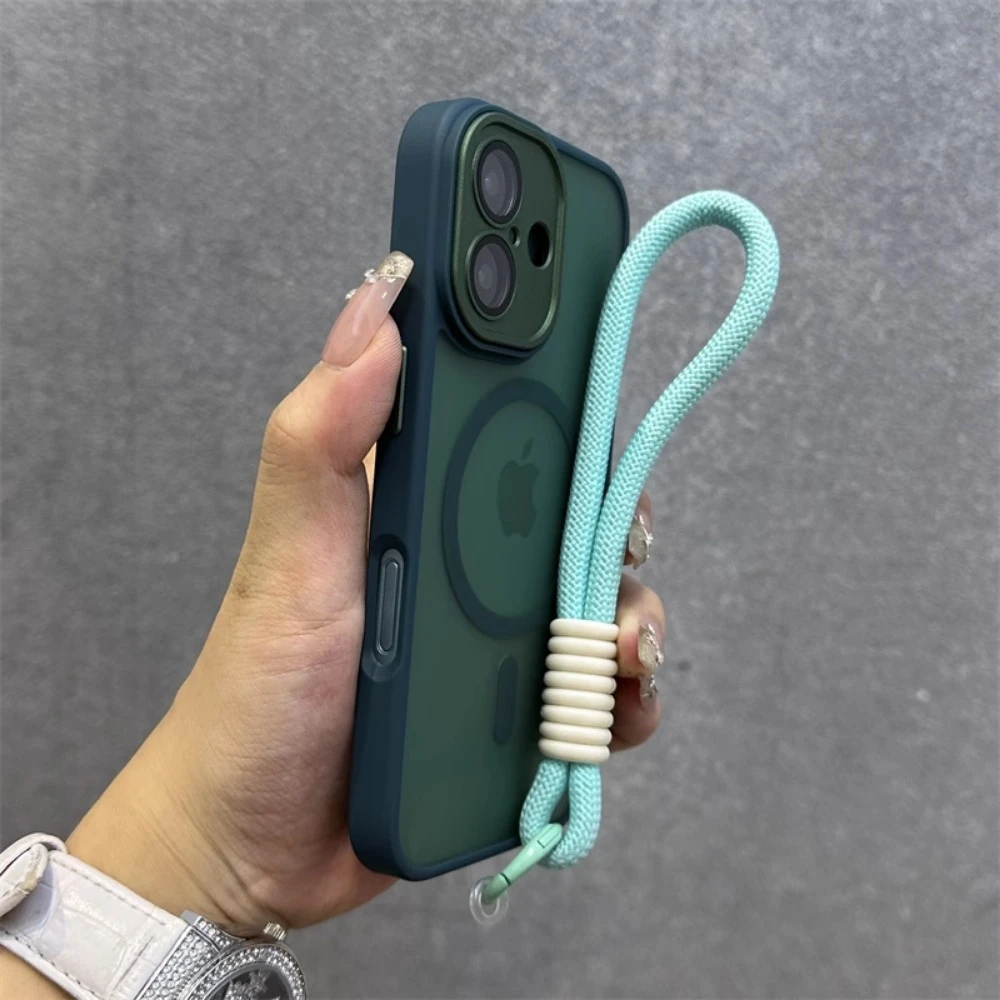 For Magsafe Translucency Contrast Lanyard Case For iPhone 16 15 Pro Max 14 Plus 11 12 13 16e Hand Wrist Strap Matte Clear Cover