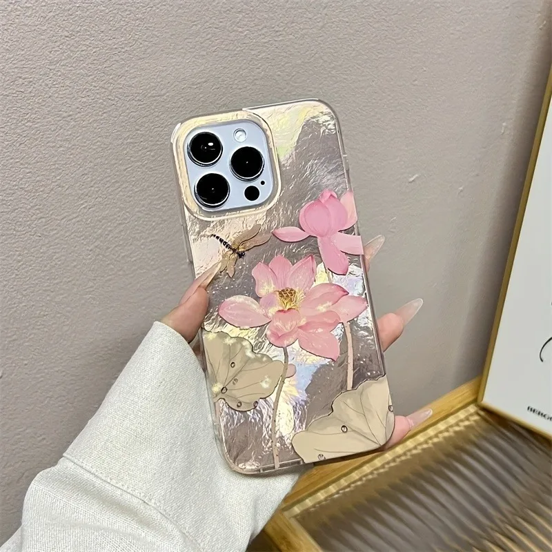 Chinese Style Lotus Dragonfly Glacier Pattern Phone Case For iPhone 11 12 13 14 15 16 17 Pro Max XS X 7 Plus Silicone Soft Cover