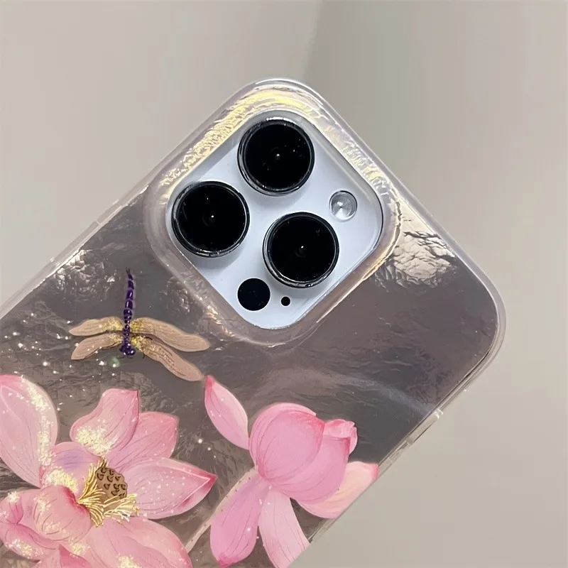Chinese Style Lotus Dragonfly Glacier Pattern Phone Case For iPhone 11 12 13 14 15 16 17 Pro Max XS X 7 Plus Silicone Soft Cover