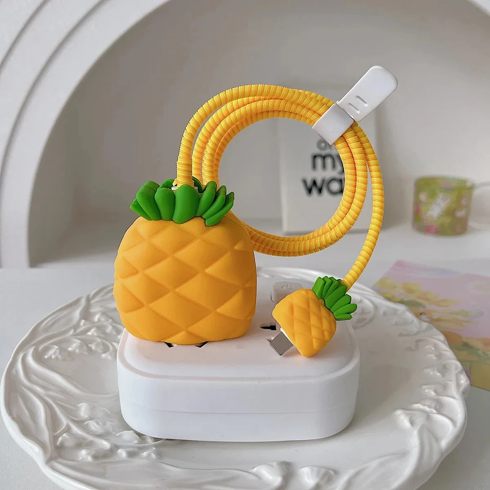 Strawberry Pineapple 3D Charger Protective Case For Apple iPhone 18W 20W Fast Charge Protection Cover Cable Data Line Winder