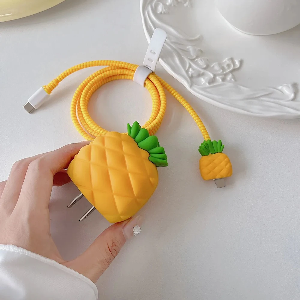 Strawberry Pineapple 3D Charger Protective Case For Apple iPhone 18W 20W Fast Charge Protection Cover Cable Data Line Winder
