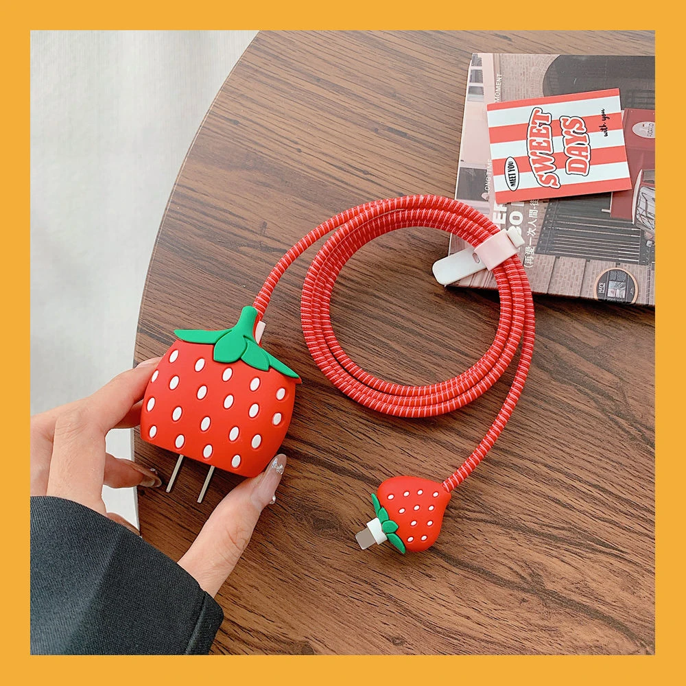 Strawberry Pineapple 3D Charger Protective Case For Apple iPhone 18W 20W Fast Charge Protection Cover Cable Data Line Winder