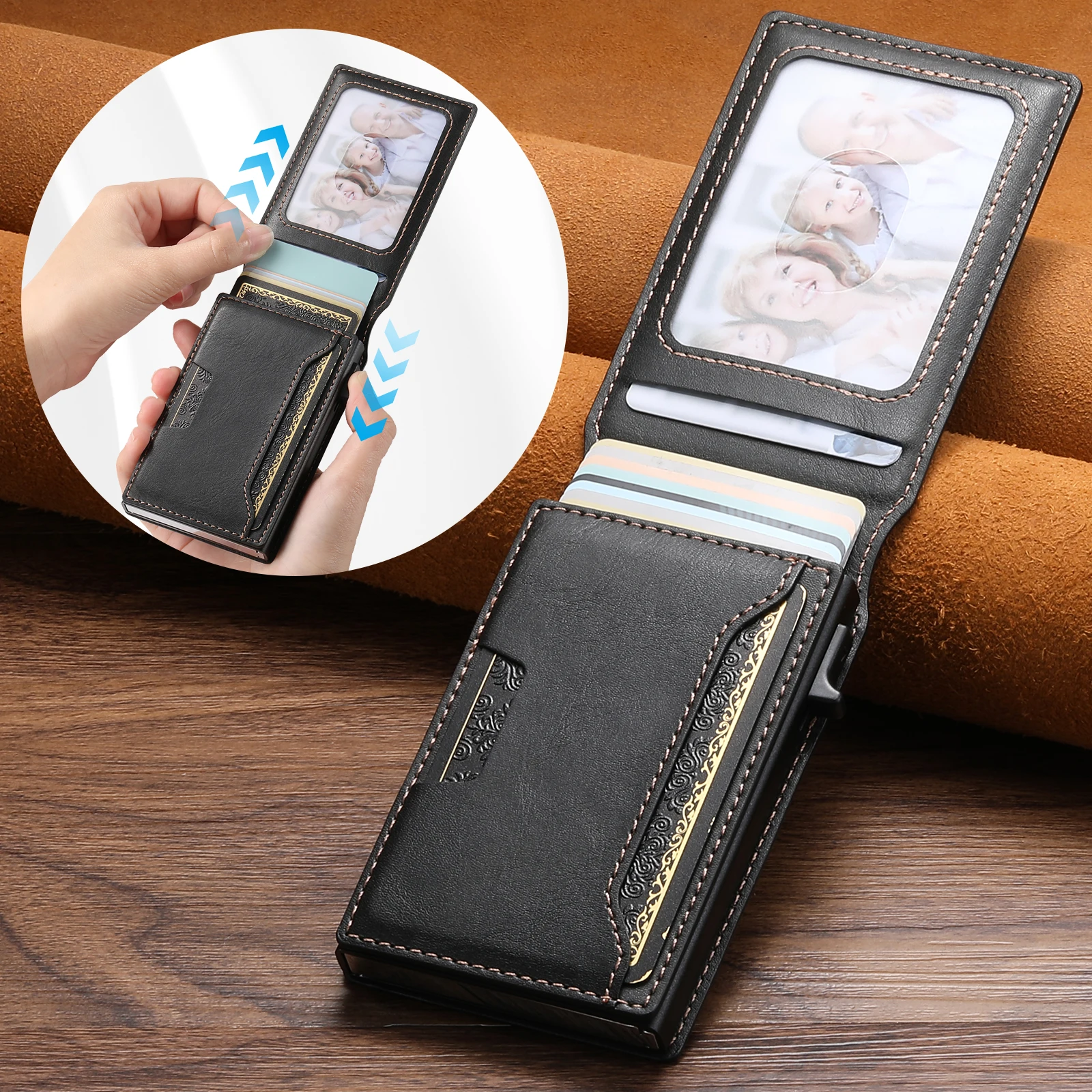 SUTENI PU Leather For Men Wallet Card Slot Wallet Flip Cover Card Box Pressing The Button Automatically Ejects The Card