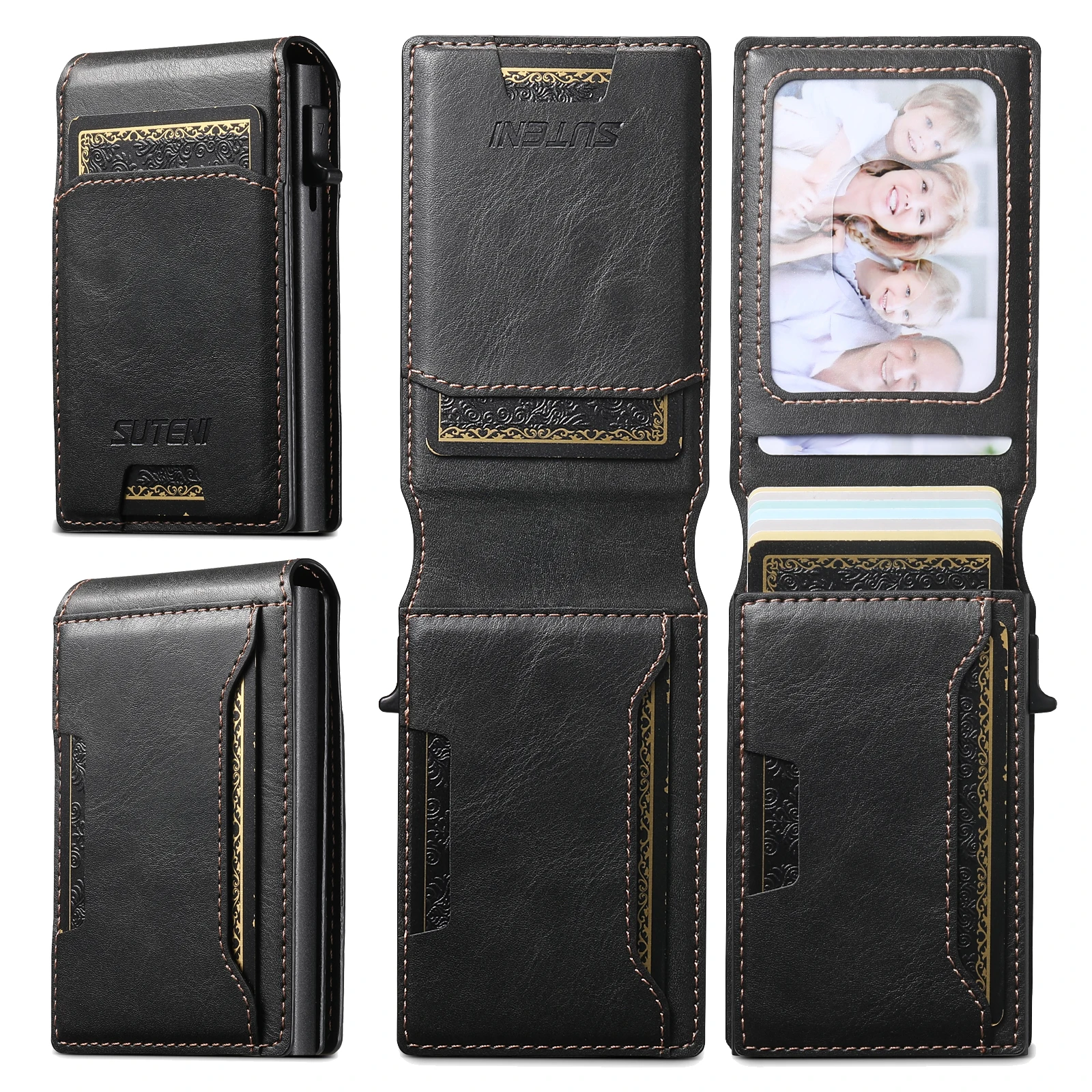 SUTENI PU Leather For Men Wallet Card Slot Wallet Flip Cover Card Box Pressing The Button Automatically Ejects The Card
