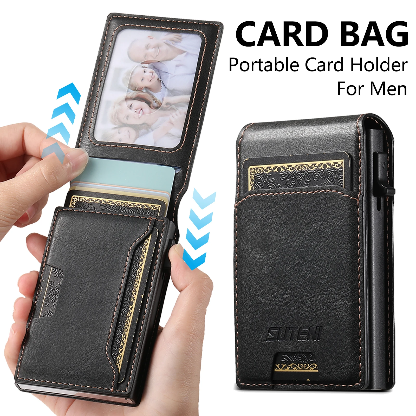 SUTENI PU Leather For Men Wallet Card Slot Wallet Flip Cover Card Box Pressing The Button Automatically Ejects The Card