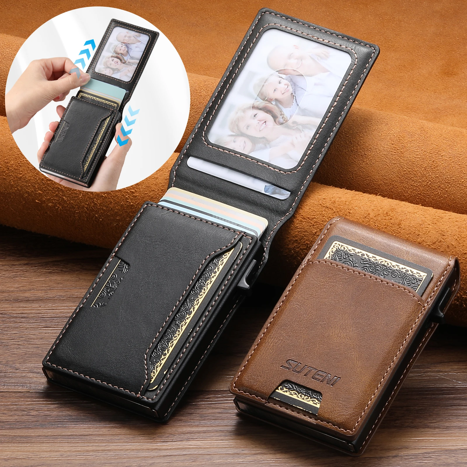 SUTENI PU Leather For Men Wallet Card Slot Wallet Flip Cover Card Box Pressing The Button Automatically Ejects The Card