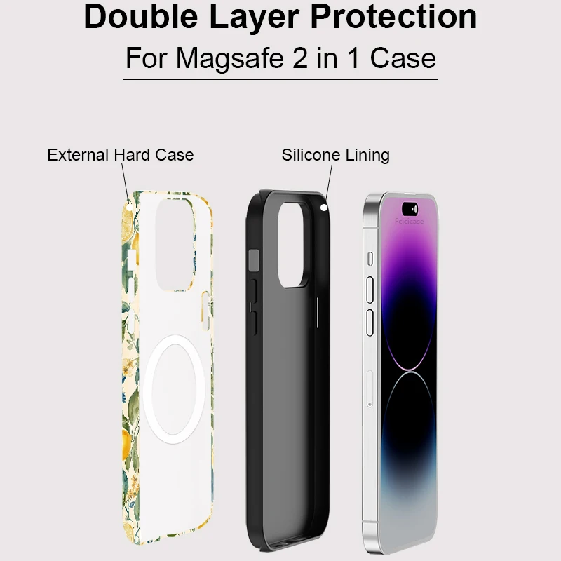 Flower Leaves Lemon Case For IPhone 16ProMax 15 14 13 12 11 PRO Plus Acrylic TPU Two in one Magnetic Shockproof Phone Cases