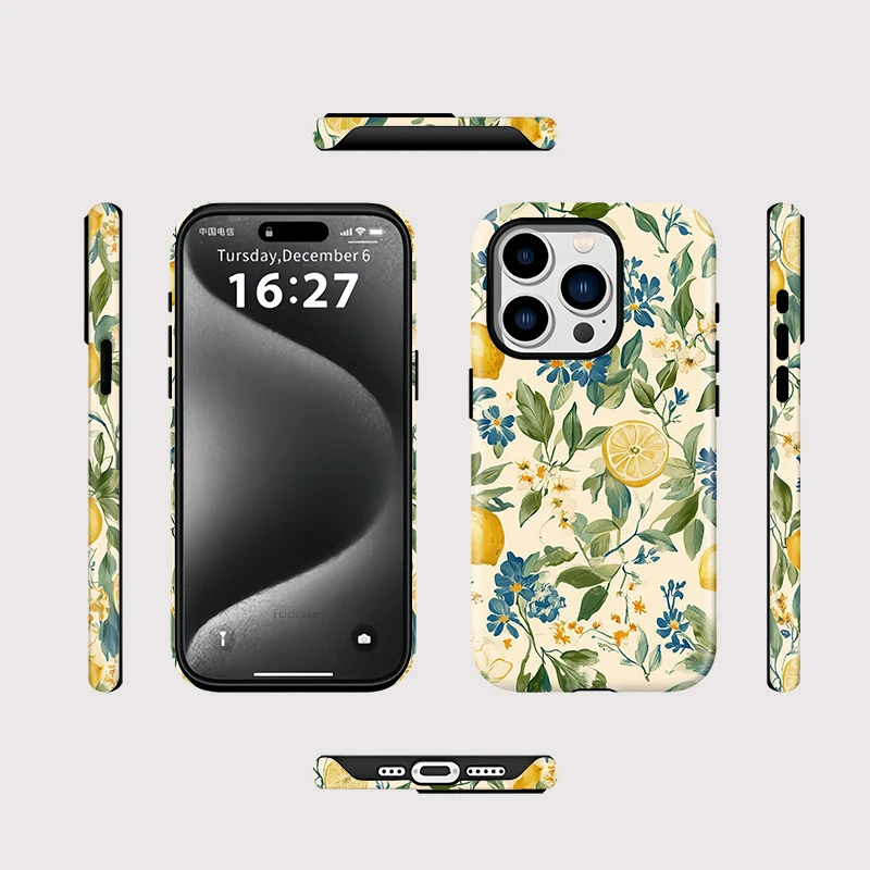 Flower Leaves Lemon Case For IPhone 16ProMax 15 14 13 12 11 PRO Plus Acrylic TPU Two in one Magnetic Shockproof Phone Cases