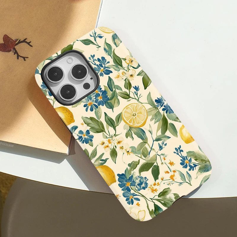 Flower Leaves Lemon Case For IPhone 16ProMax 15 14 13 12 11 PRO Plus Acrylic TPU Two in one Magnetic Shockproof Phone Cases