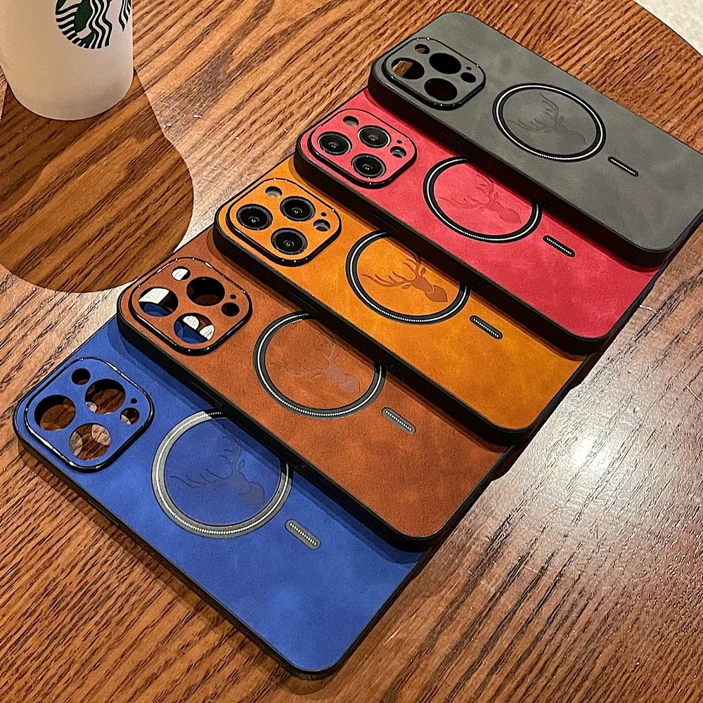 Retro Leather Deer Case For iPhone 16 15 14 13 12 11 Pro Max Plus 15Pro 14Pro 13Pro ProMax For Magsafe Wireless Charge Cover