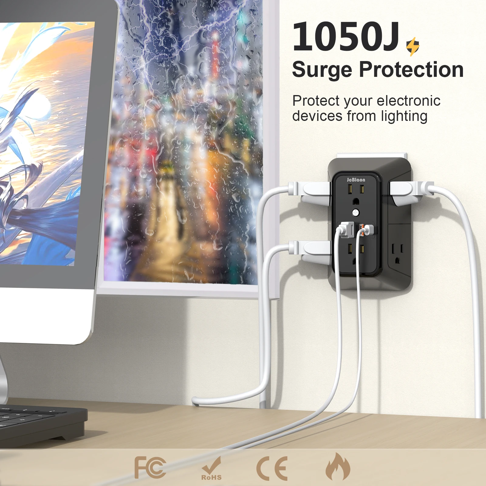 Power Strip with 6 AC Wide Outlets 2 USB Ports 2 Type-C Sockets , Multi-socket Wall Plug Adapter Power Expander Quick Charge