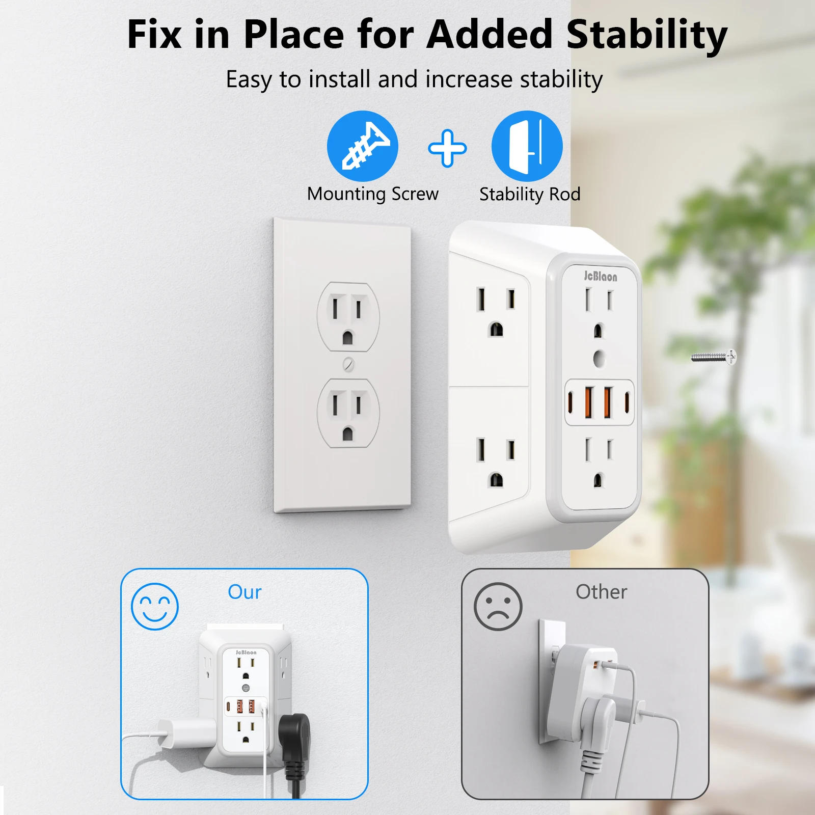 Power Strip with 6 AC Wide Outlets 2 USB Ports 2 Type-C Sockets , Multi-socket Wall Plug Adapter Power Expander Quick Charge