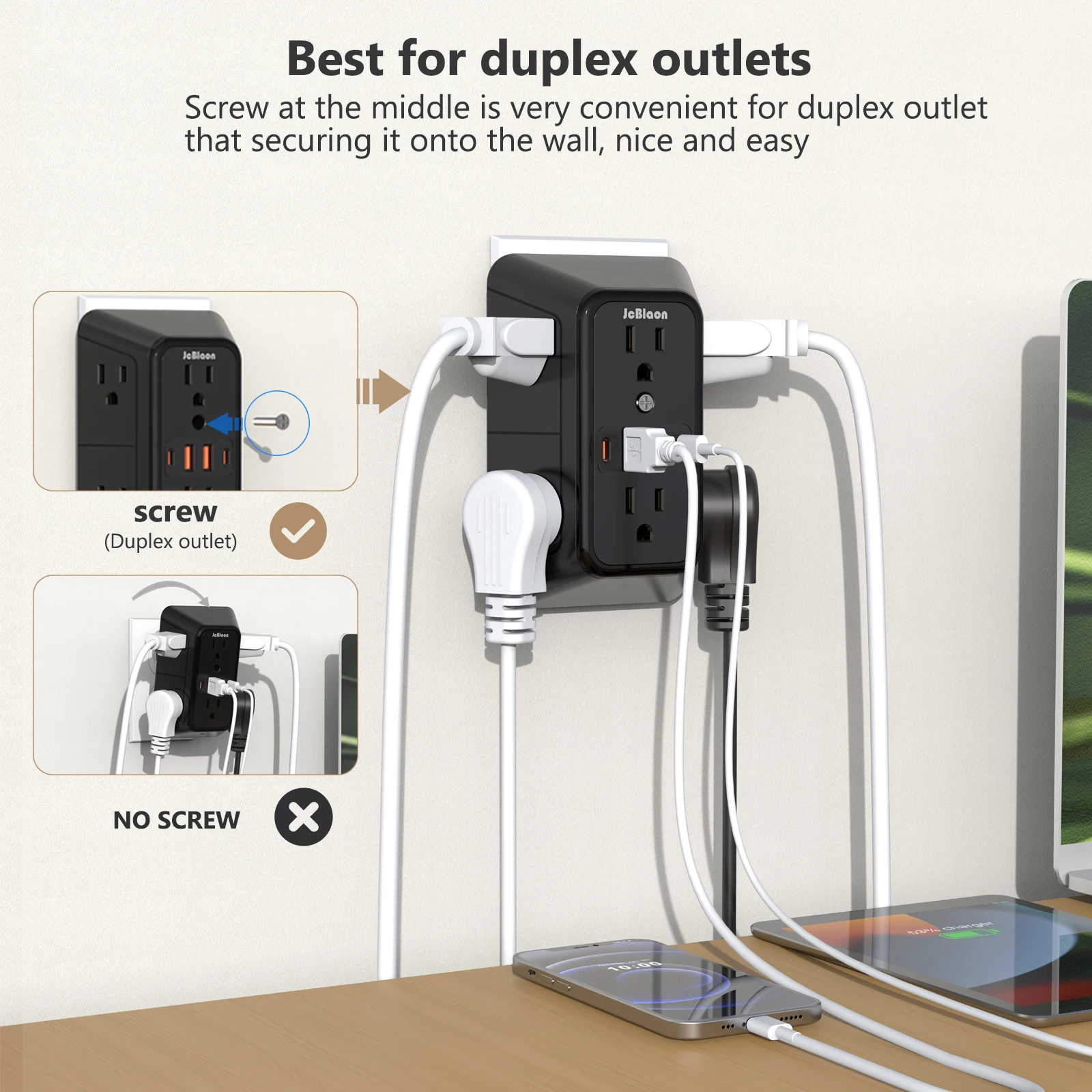 Power Strip with 6 AC Wide Outlets 2 USB Ports 2 Type-C Sockets , Multi-socket Wall Plug Adapter Power Expander Quick Charge