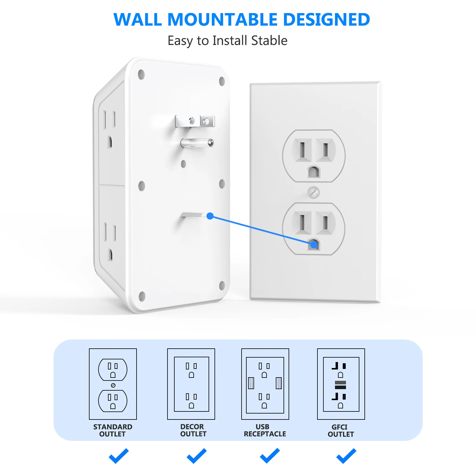 Power Strip with 6 AC Wide Outlets 2 USB Ports 2 Type-C Sockets , Multi-socket Wall Plug Adapter Power Expander Quick Charge