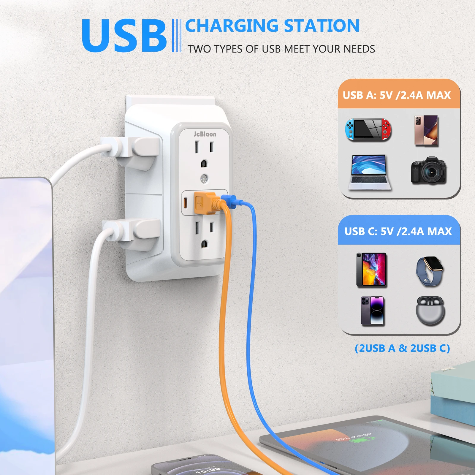 Power Strip with 6 AC Wide Outlets 2 USB Ports 2 Type-C Sockets , Multi-socket Wall Plug Adapter Power Expander Quick Charge