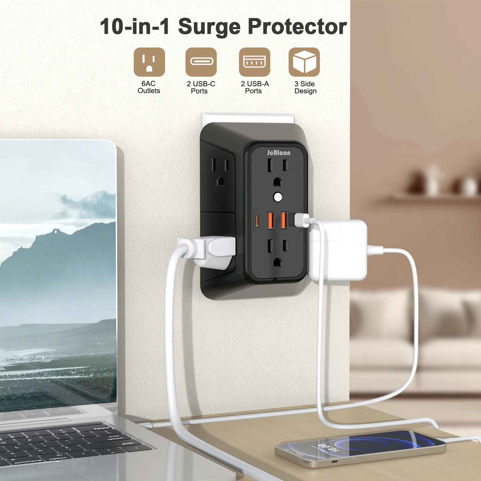 Power Strip with 6 AC Wide Outlets 2 USB Ports 2 Type-C Sockets , Multi-socket Wall Plug Adapter Power Expander Quick Charge