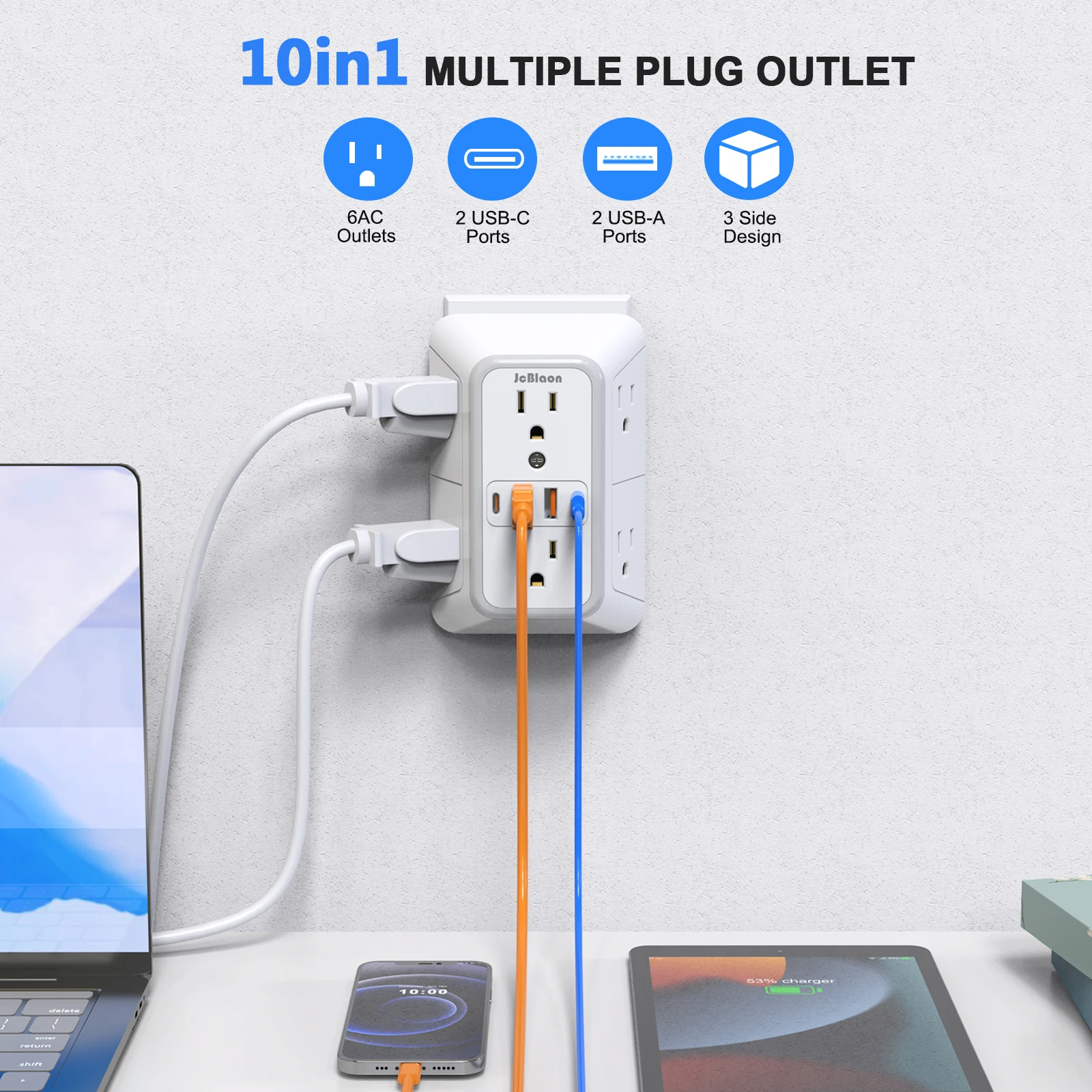Power Strip with 6 AC Wide Outlets 2 USB Ports 2 Type-C Sockets , Multi-socket Wall Plug Adapter Power Expander Quick Charge