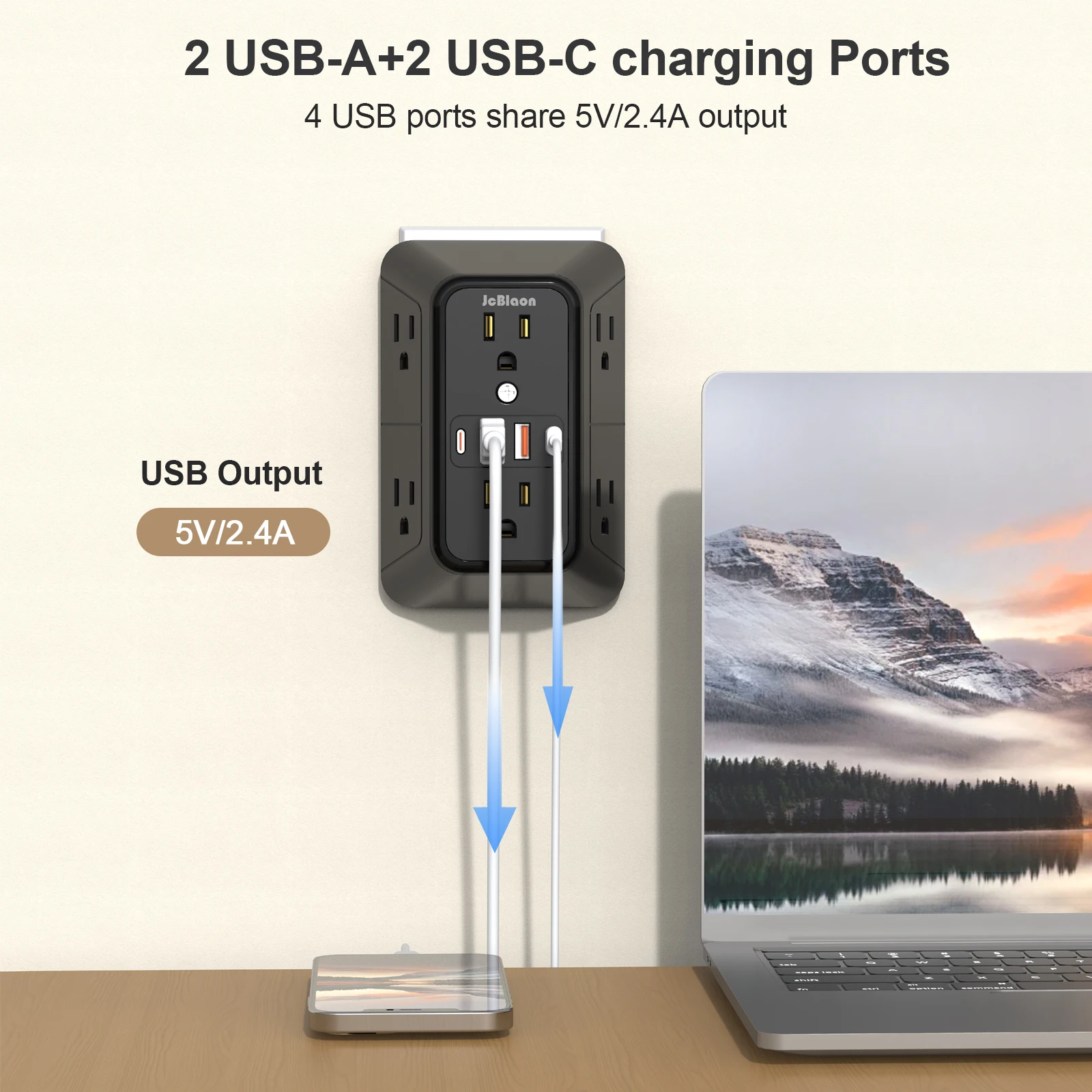 Power Strip with 6 AC Wide Outlets 2 USB Ports 2 Type-C Sockets , Multi-socket Wall Plug Adapter Power Expander Quick Charge