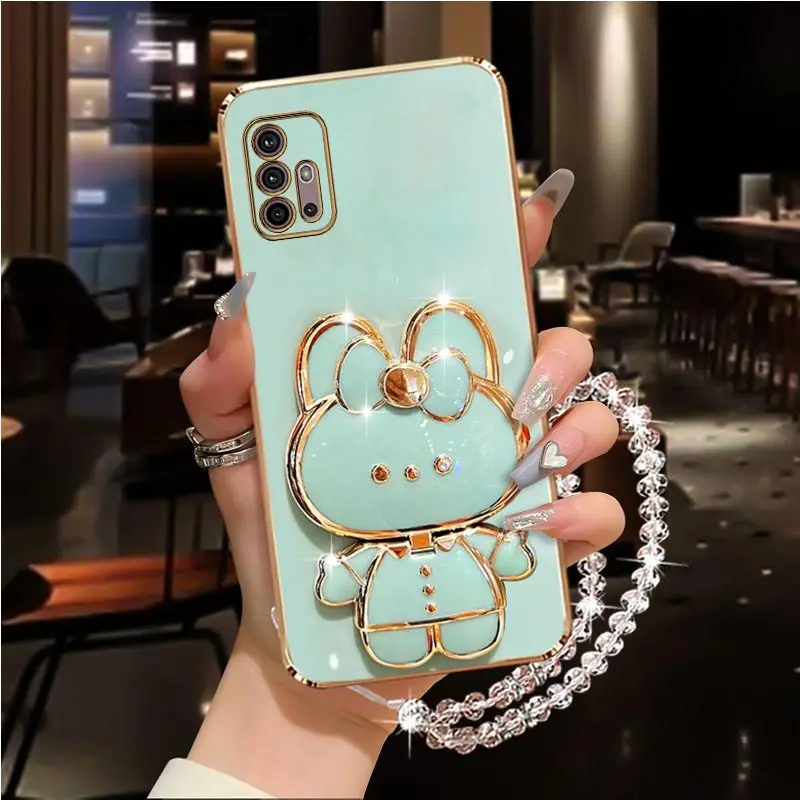 Diamond Strap Mirror Rabbit Holder Case On For Motorola Moto G60 G60S G50 G52 G53 G54 G73 G84 G40 G42 Fusion 5G 2021 Stand Cover