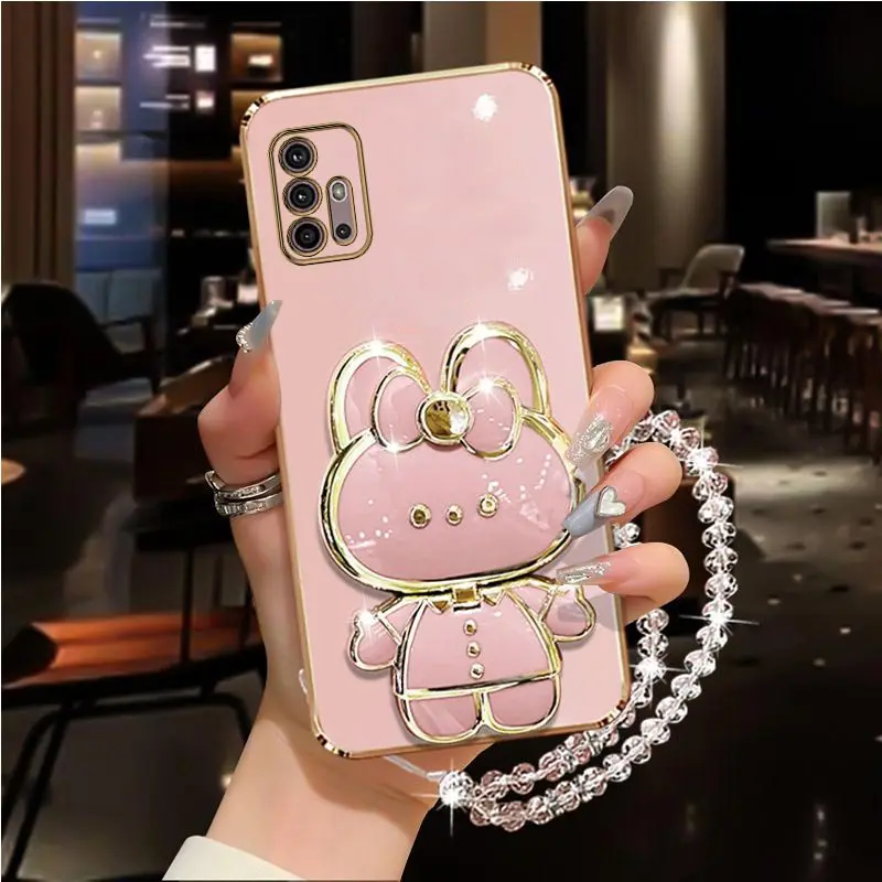 Diamond Strap Mirror Rabbit Holder Case On For Motorola Moto G60 G60S G50 G52 G53 G54 G73 G84 G40 G42 Fusion 5G 2021 Stand Cover