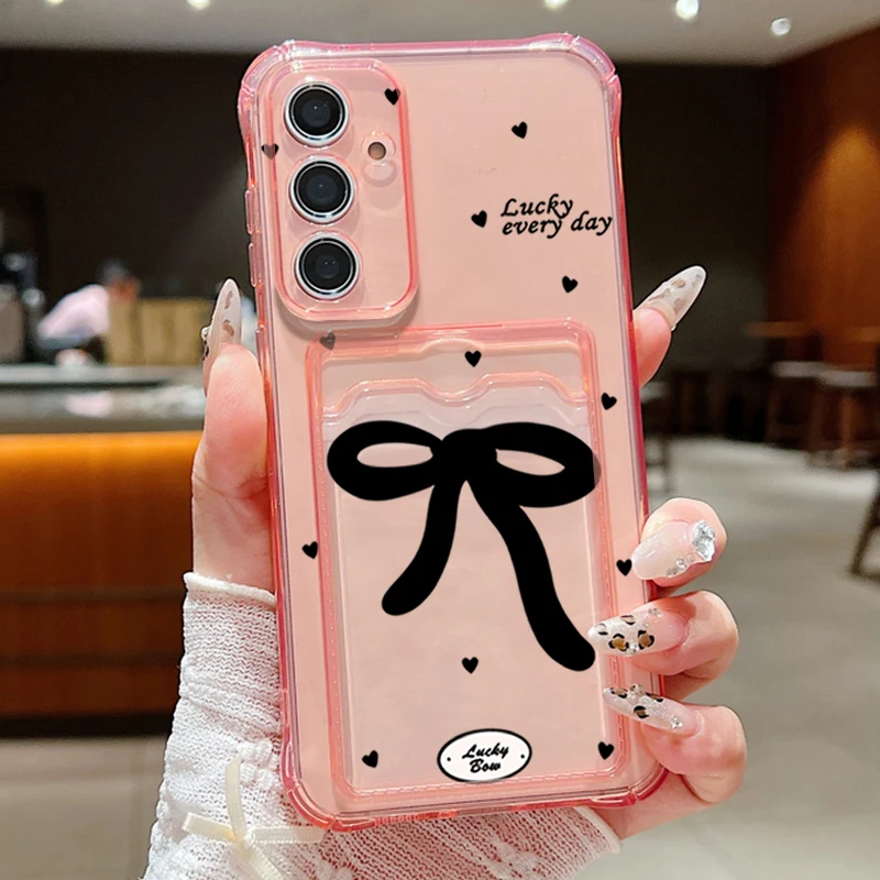 Black Bow Clear Card Bag Wallet Case For Samsung Galaxy A57 A18 A37 A27 A17 A56 A16 A26 A55 S25 FE S26 S25 S23 Ultra Phone Cover
