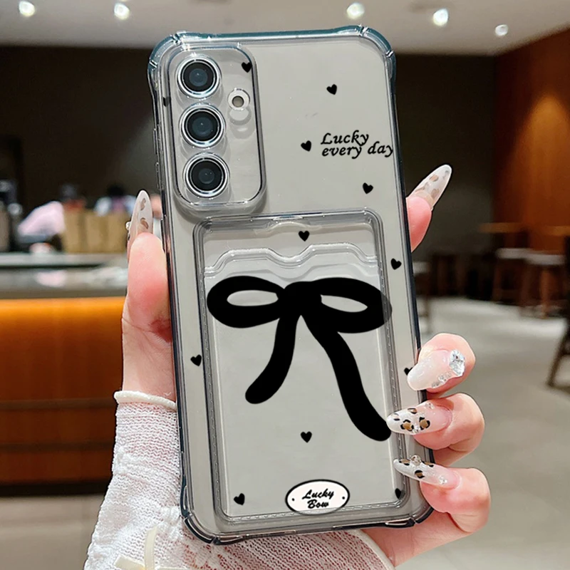 Black Bow Clear Card Bag Wallet Case For Samsung Galaxy A57 A18 A37 A27 A17 A56 A16 A26 A55 S25 FE S26 S25 S23 Ultra Phone Cover