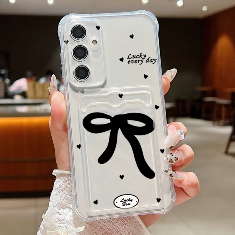 Black Bow Clear Card Bag Wallet Case For Samsung Galaxy A57 A18 A37 A27 A17 A56 A16 A26 A55 S25 FE S26 S25 S23 Ultra Phone Cover