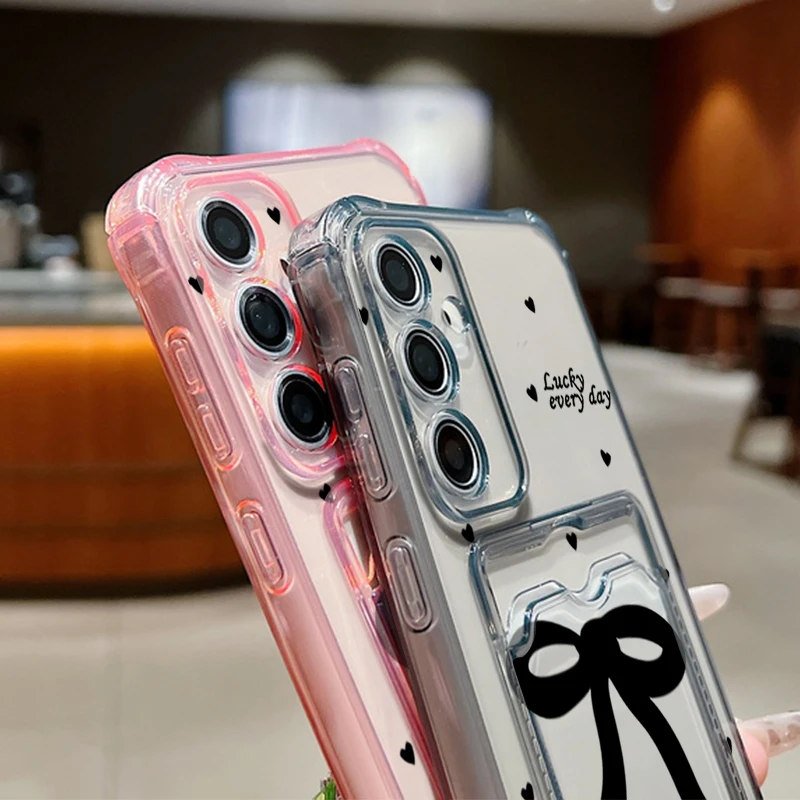 Black Bow Clear Card Bag Wallet Case For Samsung Galaxy A57 A18 A37 A27 A17 A56 A16 A26 A55 S25 FE S26 S25 S23 Ultra Phone Cover