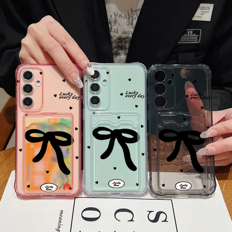 Black Bow Clear Card Bag Wallet Case For Samsung Galaxy A57 A18 A37 A27 A17 A56 A16 A26 A55 S25 FE S26 S25 S23 Ultra Phone Cover