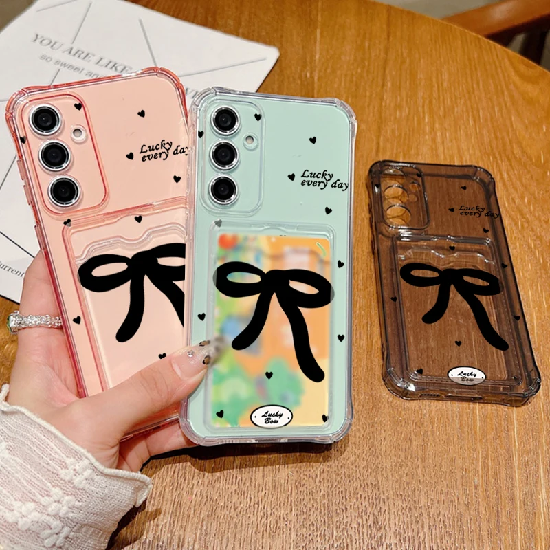 Black Bow Clear Card Bag Wallet Case For Samsung Galaxy A57 A18 A37 A27 A17 A56 A16 A26 A55 S25 FE S26 S25 S23 Ultra Phone Cover