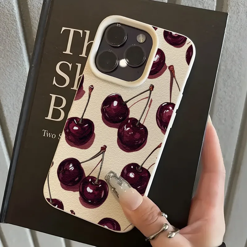 Wine Red Cherry Pattern Lychee Texture Phone Case For iPhone 17 Pro Max 11 12 13 14 15 16 17 Air 15 Plus X XS XR 16E Soft Cover