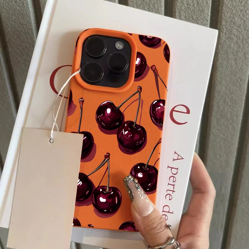 Wine Red Cherry Pattern Lychee Texture Phone Case For iPhone 17 Pro Max 11 12 13 14 15 16 17 Air 15 Plus X XS XR 16E Soft Cover