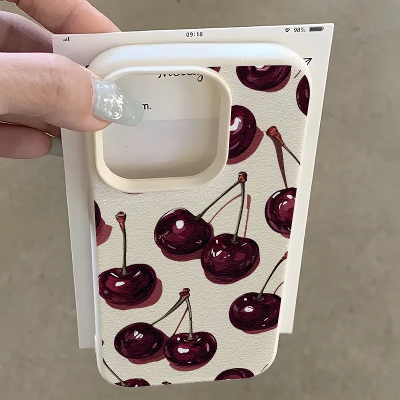 Wine Red Cherry Pattern Lychee Texture Phone Case For iPhone 17 Pro Max 11 12 13 14 15 16 17 Air 15 Plus X XS XR 16E Soft Cover