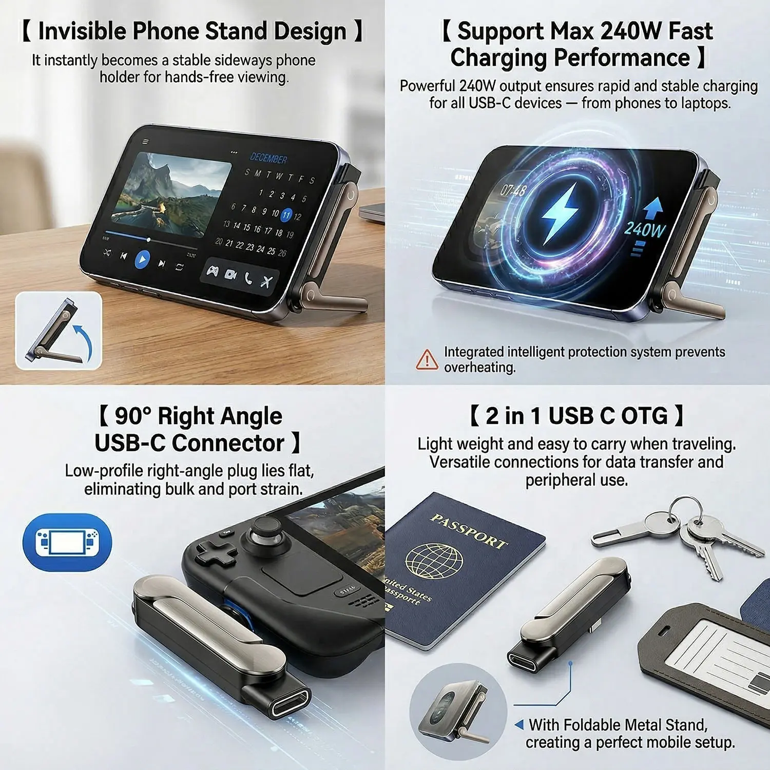 240W USB C OTG Adapter With Stand 90 Degree Type-C Female to PD Male Converter For iPhone 17 16 Macbook Samsung Phone Holder Cab