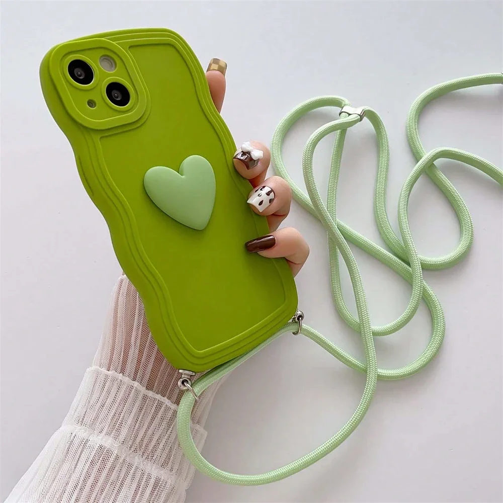 Luxury Crossbody Necklace Lanyard 3D Love Heart Wave Border Soft Case For iPhone 16 15 14 Pro Max 13 12 11 X XS XR 7 Plus Cover