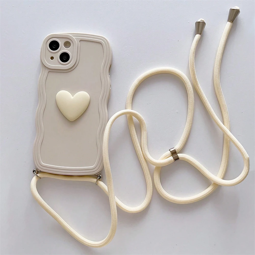 Luxury Crossbody Necklace Lanyard 3D Love Heart Wave Border Soft Case For iPhone 16 15 14 Pro Max 13 12 11 X XS XR 7 Plus Cover