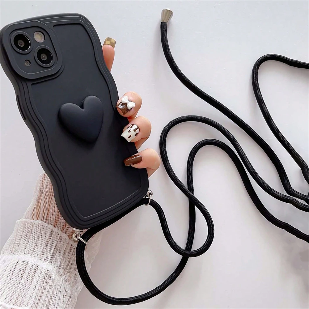 Luxury Crossbody Necklace Lanyard 3D Love Heart Wave Border Soft Case For iPhone 16 15 14 Pro Max 13 12 11 X XS XR 7 Plus Cover