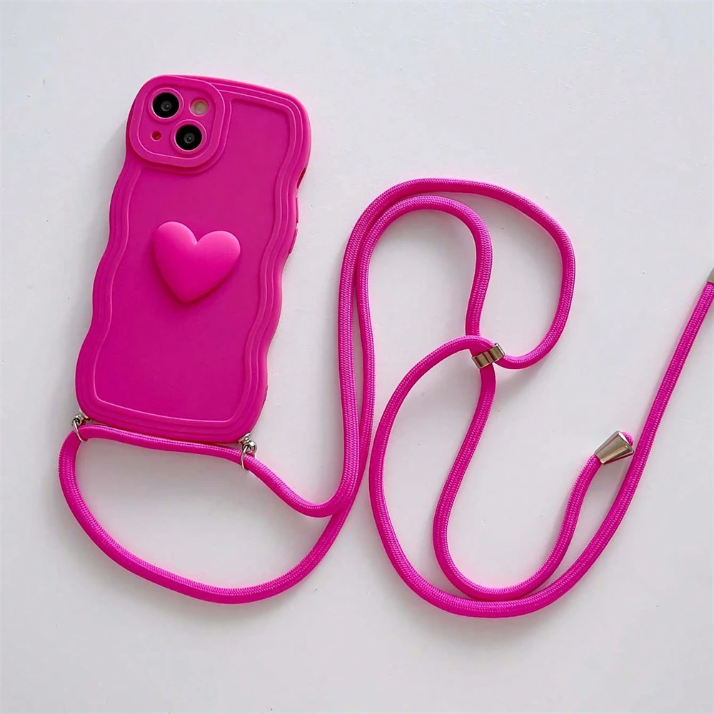 Luxury Crossbody Necklace Lanyard 3D Love Heart Wave Border Soft Case For iPhone 16 15 14 Pro Max 13 12 11 X XS XR 7 Plus Cover