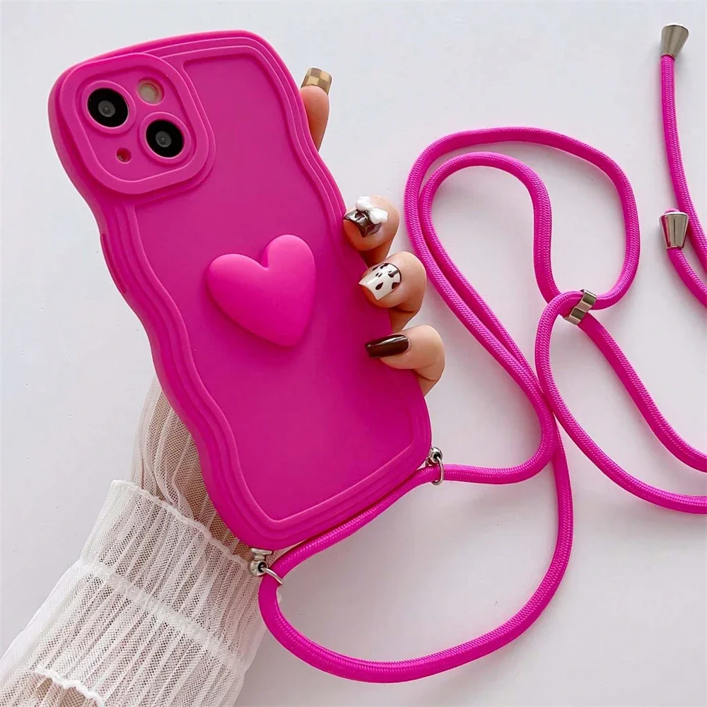 Luxury Crossbody Necklace Lanyard 3D Love Heart Wave Border Soft Case For iPhone 16 15 14 Pro Max 13 12 11 X XS XR 7 Plus Cover
