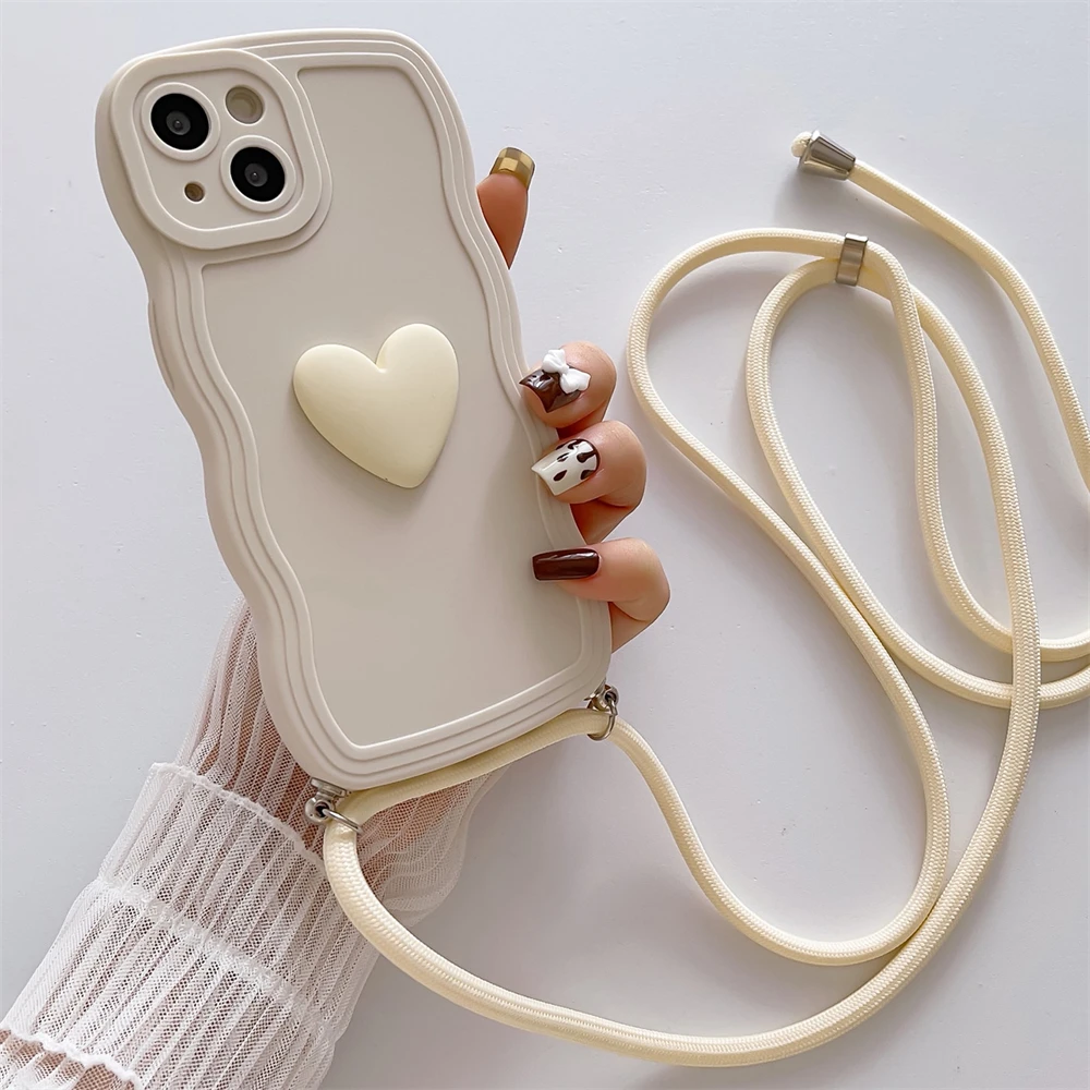 Luxury Crossbody Necklace Lanyard 3D Love Heart Wave Border Soft Case For iPhone 16 15 14 Pro Max 13 12 11 X XS XR 7 Plus Cover