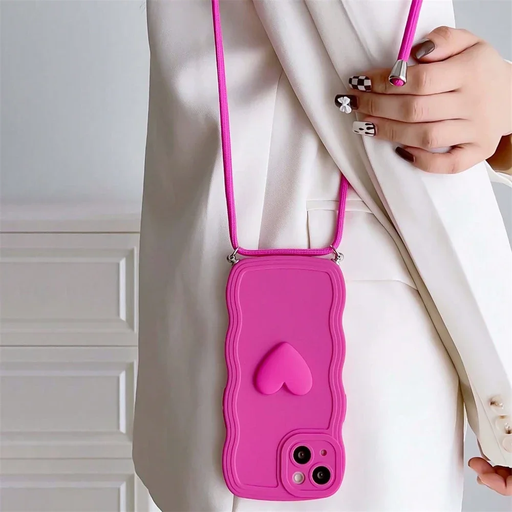 Luxury Crossbody Necklace Lanyard 3D Love Heart Wave Border Soft Case For iPhone 16 15 14 Pro Max 13 12 11 X XS XR 7 Plus Cover