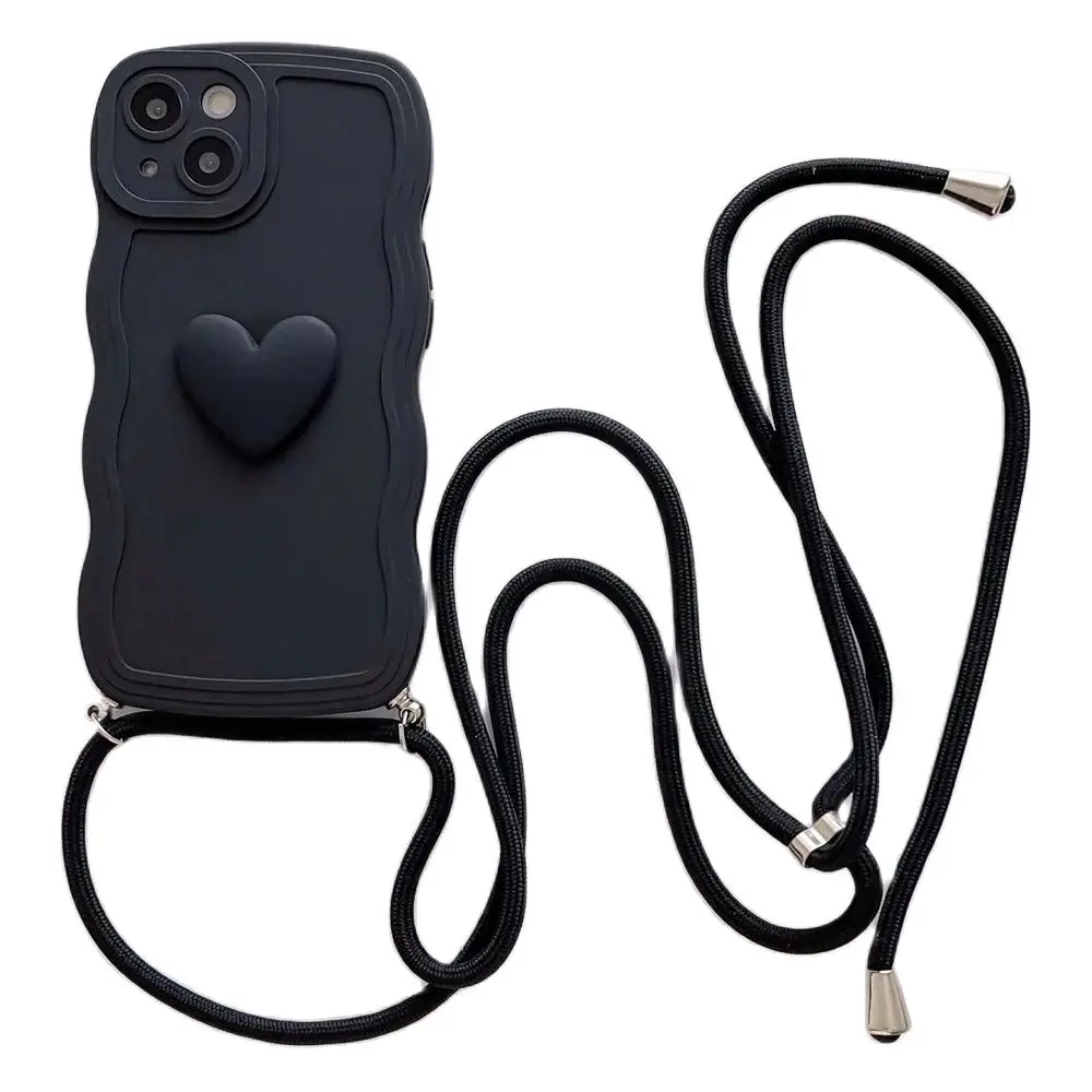 Luxury Crossbody Necklace Lanyard 3D Love Heart Wave Border Soft Case For iPhone 16 15 14 Pro Max 13 12 11 X XS XR 7 Plus Cover