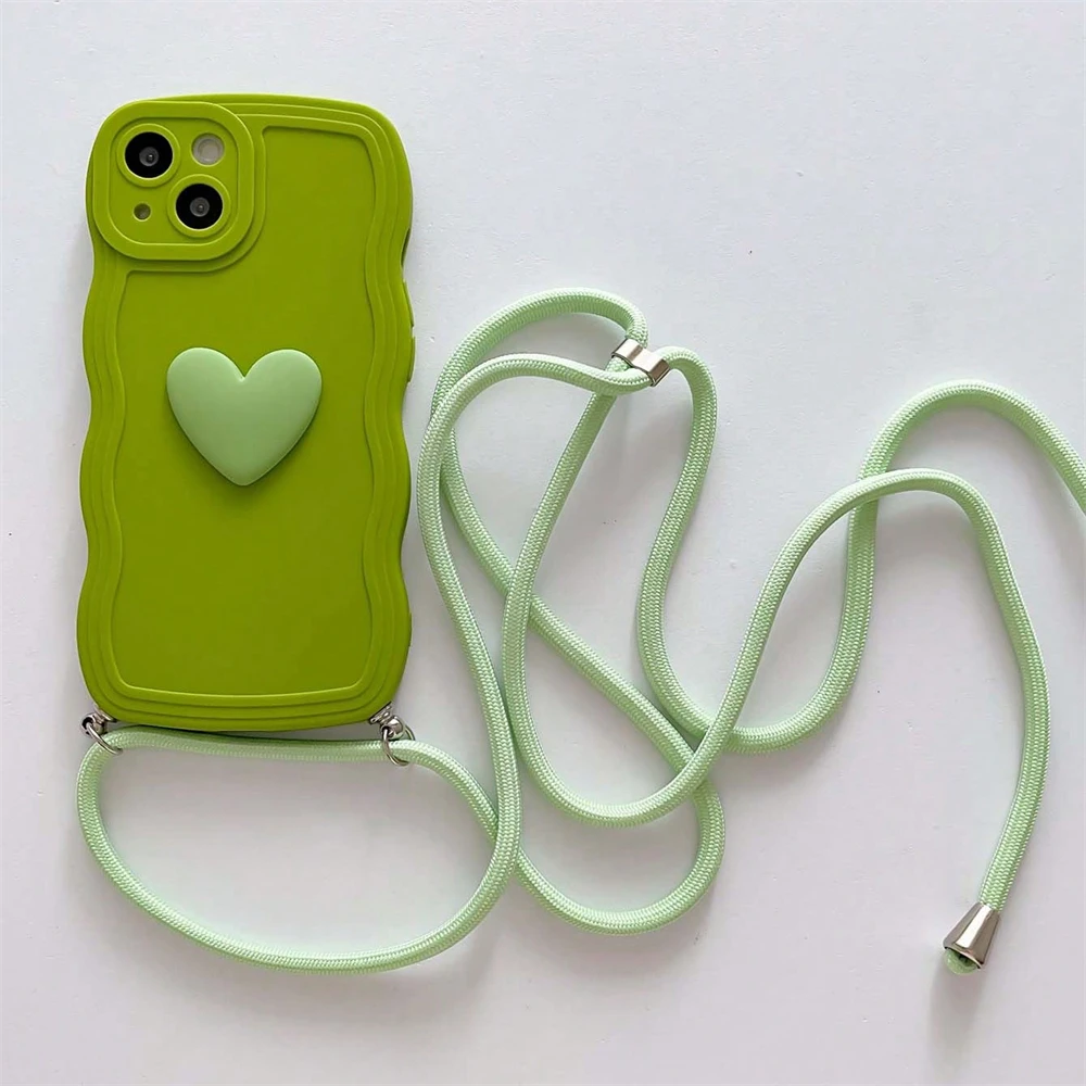 Luxury Crossbody Necklace Lanyard 3D Love Heart Wave Border Soft Case For iPhone 16 15 14 Pro Max 13 12 11 X XS XR 7 Plus Cover