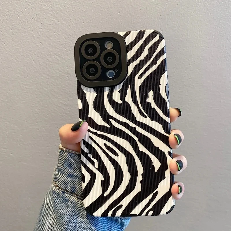 Fashion Zebra Stripes Silicone Case For iPhone 15 12 13 14 Plus 11 16 Pro Max Mini 17 ProMax Air Soft Leather Shockproof Cover