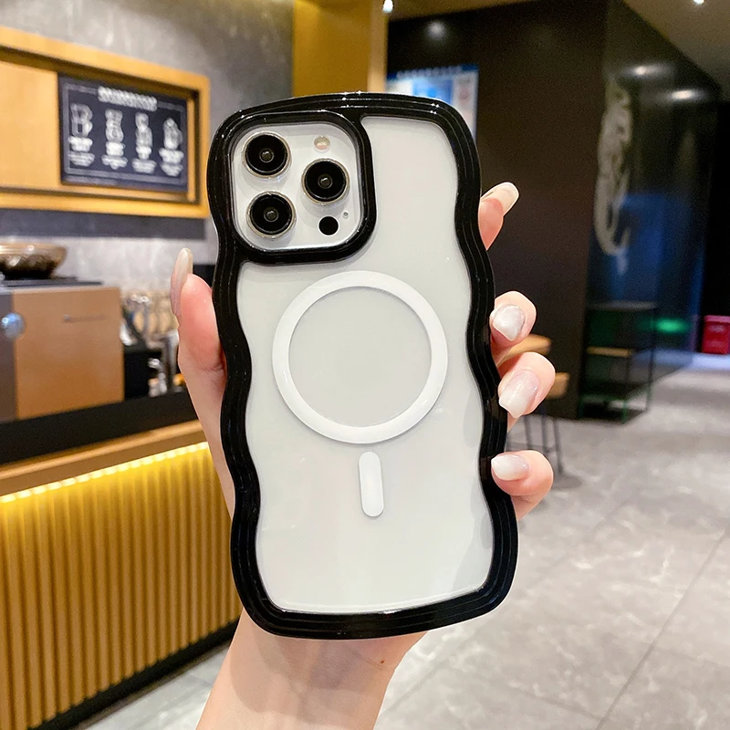 2 in 1 Wavy Frame Phone Case For iPhone 15 Pro Max 17 Air 16 14 13 11 12 Magnetic Wireless Charge Shockproof Back Cover